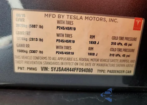 2015 Tesla Mod S 85D из США, поврежденный, VIN 5YJSA4H44FF094060